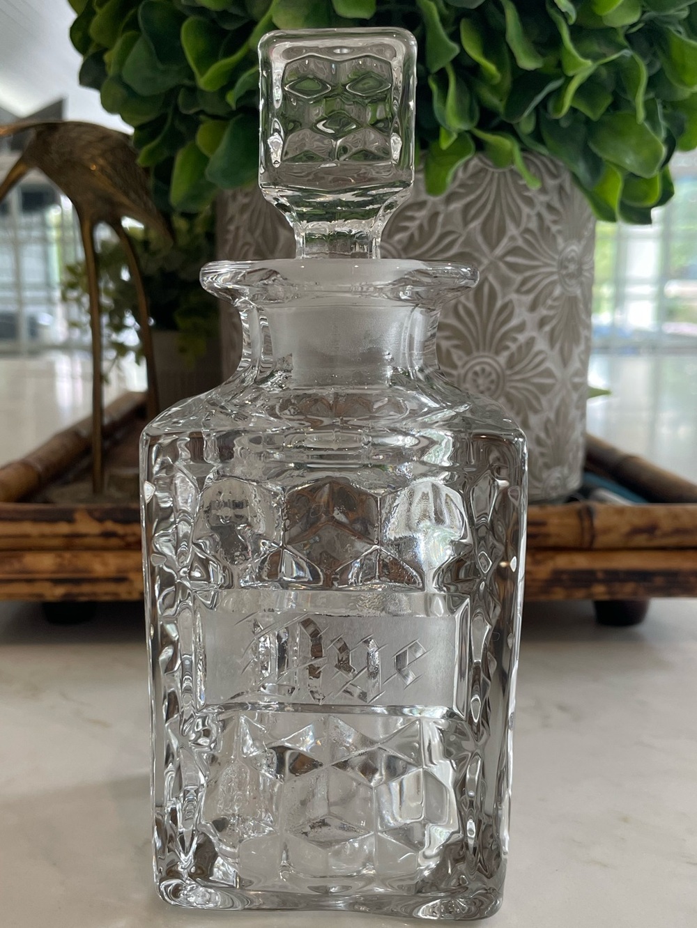 Vintage Fostoria Rye liquor decanter.